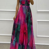 Elaine - Tulle Floral Splash Print Cutout Halter Tie-up Neck Gown Maxi Dress