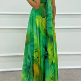 Elaine - Tulle Floral Splash Print Cutout Halter Tie-up Neck Gown Maxi Dress
