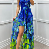 Georgia - Gradient Unique Print Flowing Layered Ruffles Strapless Slit Maxi Dress