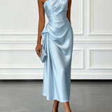 Caille - Champagne Satin One-shoulder Sleeveless Ruffled Midi Dress