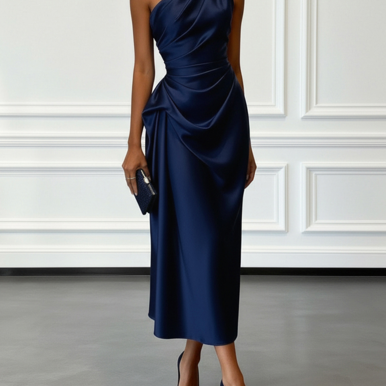 Caille - Champagne Satin One-shoulder Sleeveless Ruffled Midi Dress