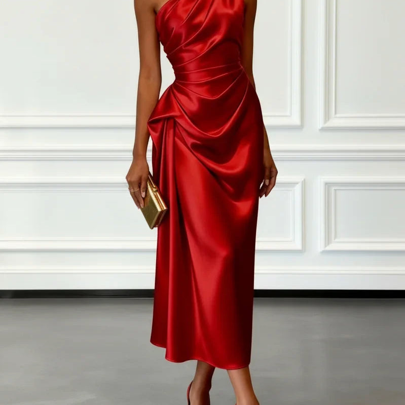 Caille - Champagne Satin One-shoulder Sleeveless Ruffled Midi Dress
