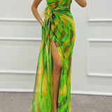 Claudia - Watercolor Print Feather Rose Detail Off Shoulder Pleated Slit Maxi Dress