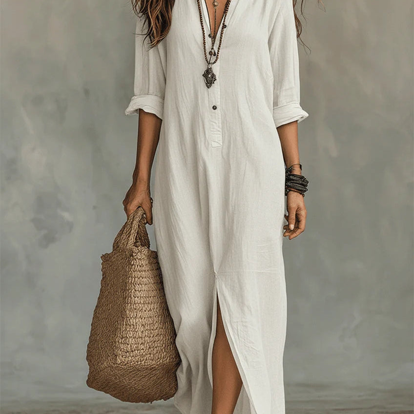 Soline | Relaxed V-Neck Button Maxi Dress