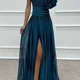Annalise - One Shoulder Pleated Slit Maxi Dress