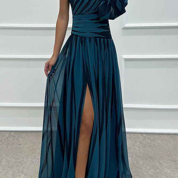Annalise - One Shoulder Pleated Slit Maxi Dress