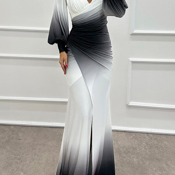 Julieta - Gradient Print Off Shoulder Gem Detail Slit Gown Maxi Dress