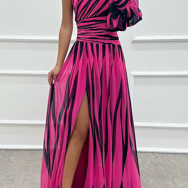 Annalise - One Shoulder Pleated Slit Maxi Dress