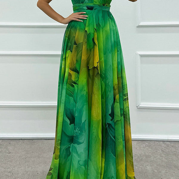 Elaine - Tulle Floral Splash Print Cutout Halter Tie-up Neck Gown Maxi Dress