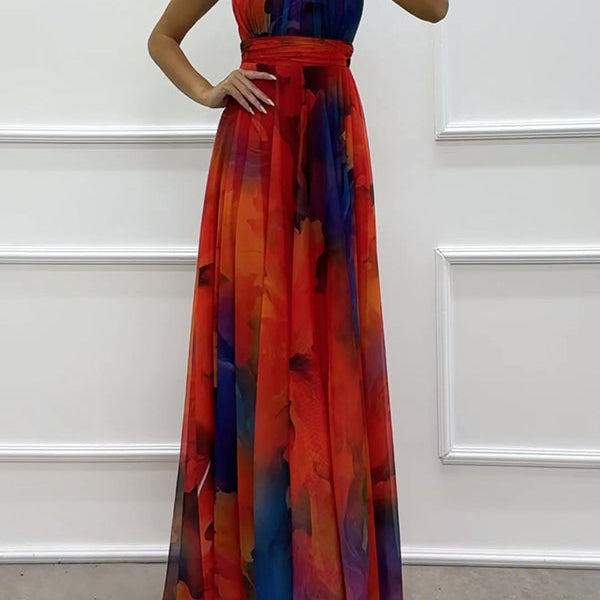 Elaine - Tulle Floral Splash Print Cutout Halter Tie-up Neck Gown Maxi Dress