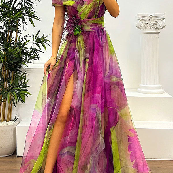 Jinnie - Tulle Floral Feather Pendant Pleated Off Shoulder Slit Maxi Dress