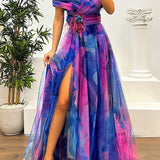 Jinnie - Tulle Floral Feather Pendant Pleated Off Shoulder Slit Maxi Dress
