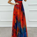 Elaine - Tulle Floral Splash Print Cutout Halter Tie-up Neck Gown Maxi Dress
