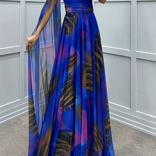 Lilliagirl-  Chiffon Printed Off-Shoulder Dress
