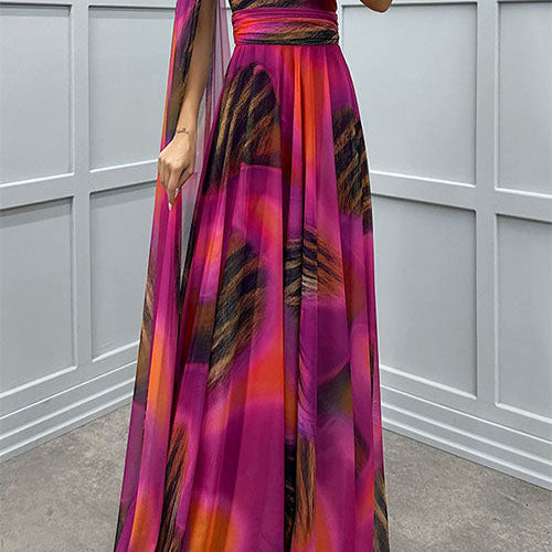Lilliagirl-  Chiffon Printed Off-Shoulder Dress