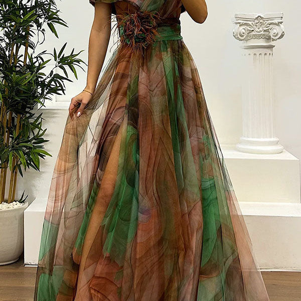 Jinnie - Tulle Floral Feather Pendant Pleated Off Shoulder Slit Maxi Dress