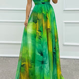 Elaine - Tulle Floral Splash Print Cutout Halter Tie-up Neck Gown Maxi Dress