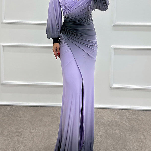 Julieta - Gradient Print Off Shoulder Gem Detail Slit Gown Maxi Dress