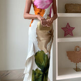 Ivy - One Shoulder Side Draped Ruffle Slit Floral Print Maxi Dress