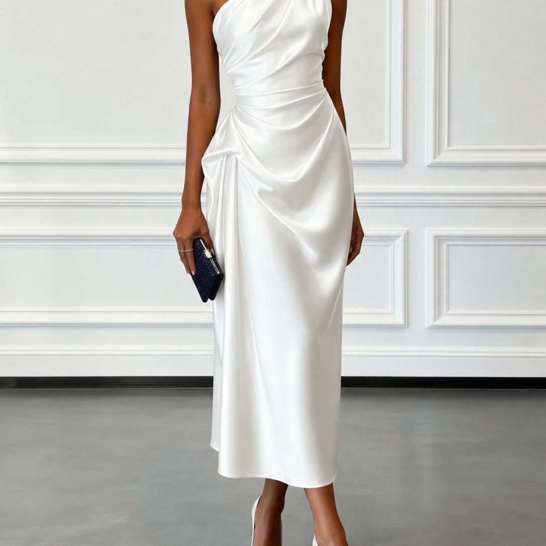 Caille - Champagne Satin One-shoulder Sleeveless Ruffled Midi Dress