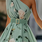 Sella - Ruched One Shoulder A-Line Maxi Chiffon Dress