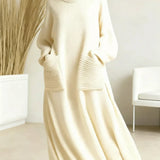 Genna - High-Neck Long-Sleeve Casual Loose Knit Dress