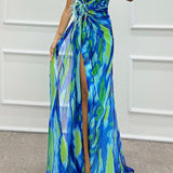 Claudia - Watercolor Print Feather Rose Detail Off Shoulder Pleated Slit Maxi Dress
