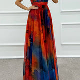 Elaine - Tulle Floral Splash Print Cutout Halter Tie-up Neck Gown Maxi Dress