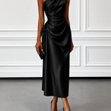 Caille - Champagne Satin One-shoulder Sleeveless Ruffled Midi Dress