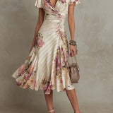 Alba | Elegant retro floral satin midi dress