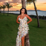 Arlina ™ | White ruffle dress with leaf pattern
