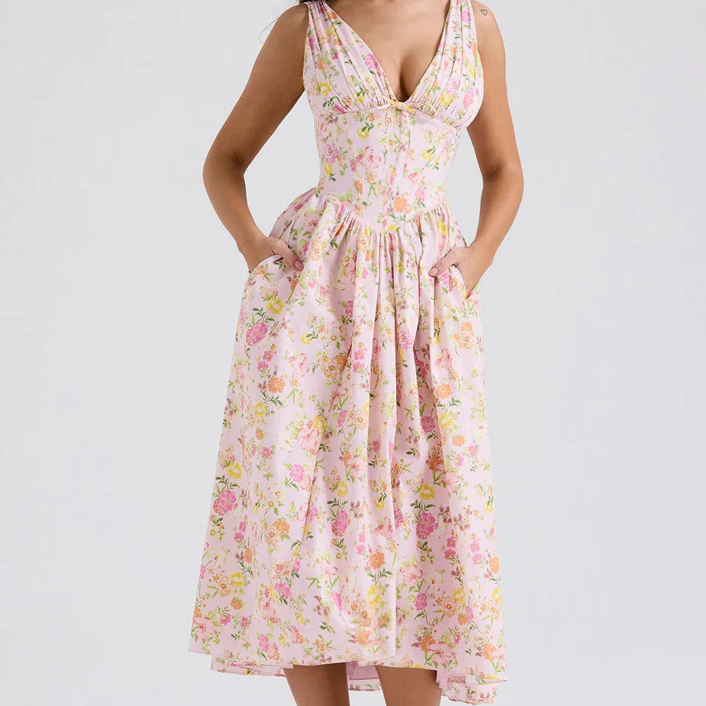 Ariana - V Neck Corset Flare Midi Dress