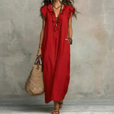 Josefina | Long Linen-Textured Dress with V-Neck and Ruffles
