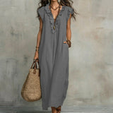 Josefina | Long Linen-Textured Dress with V-Neck and Ruffles
