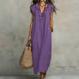 Josefina | Long Linen-Textured Dress with V-Neck and Ruffles