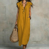 Josefina | Long Linen-Textured Dress with V-Neck and Ruffles