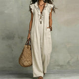 Josefina | Long Linen-Textured Dress with V-Neck and Ruffles