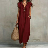 Josefina | Long Linen-Textured Dress with V-Neck and Ruffles