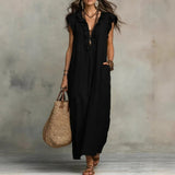Josefina | Long Linen-Textured Dress with V-Neck and Ruffles