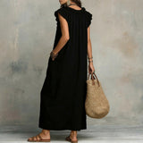 Josefina | Long Linen-Textured Dress with V-Neck and Ruffles