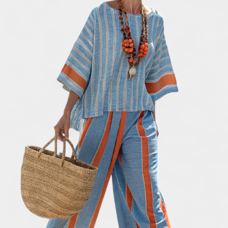 Velmere | Sophisticated Terracotta Striped Top & Linen Pants