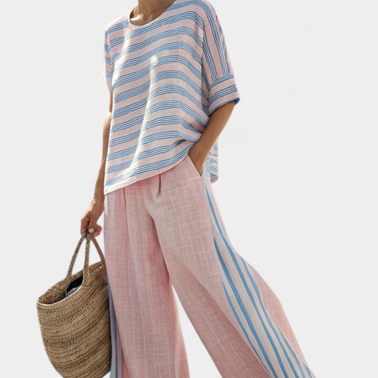 Virella | Elegant Pink-Blue Linen Blouse & Soft Pants