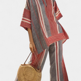 Bravine | Elegant Coral-Gray Linen Top & Wide-Leg Pants