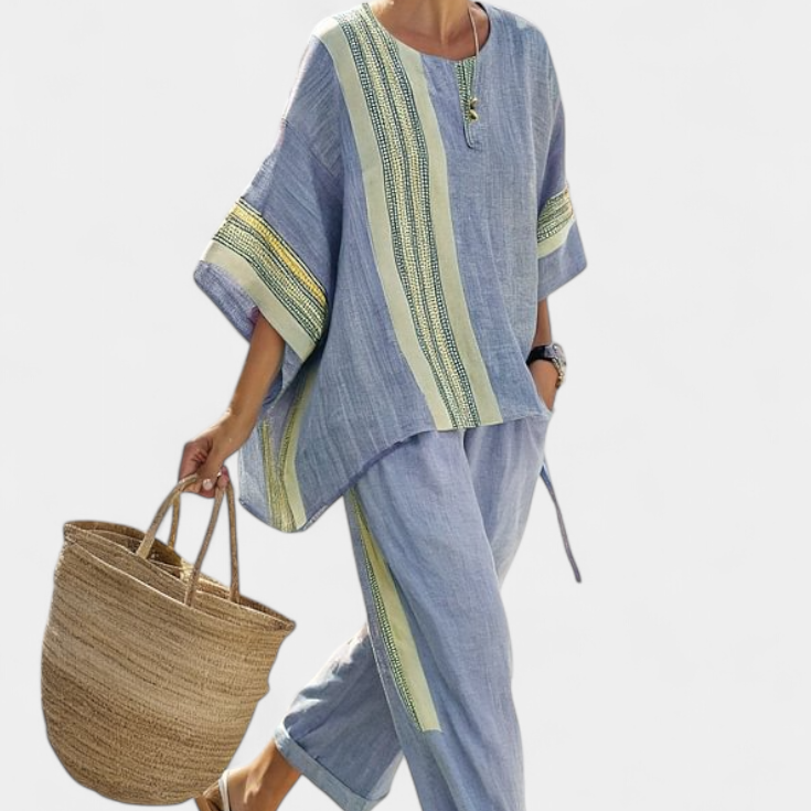 Elowric | Elegant Lavender Top & Mustard Striped Pants