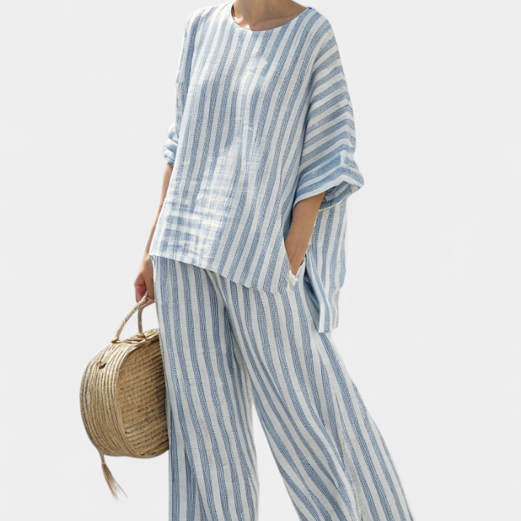 Rensleigh | Sophisticated Blue Striped Linen Top & Relaxed Pants