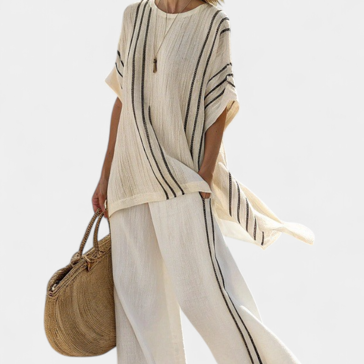 Greysen | Elegant Ivory Linen Blouse & Black Striped Pants
