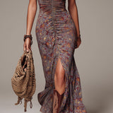 Anselma | Grayish-purple Pleated Floral Print Slit Maxi Dress