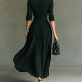 Elvira - Pleated long dress with a lapel and high waist