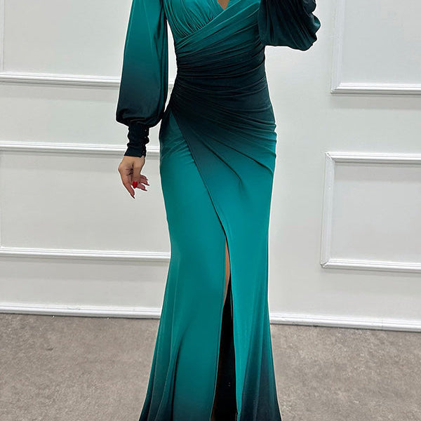 Julieta - Gradient Print Off Shoulder Gem Detail Slit Gown Maxi Dress