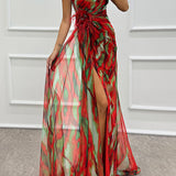 Claudia - Watercolor Print Feather Rose Detail Off Shoulder Pleated Slit Maxi Dress